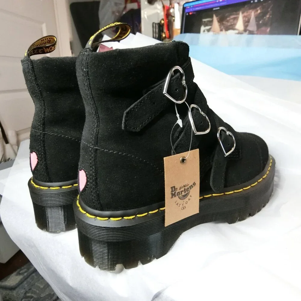 RARE Dr. Martens x Lazy Oaf Suede Heart Buckle Platform Boots | Size 9 - Picture 7 of 12